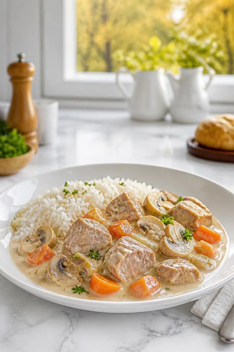 Blanquette de veau traditionnelle accompagnée de riz basmati.