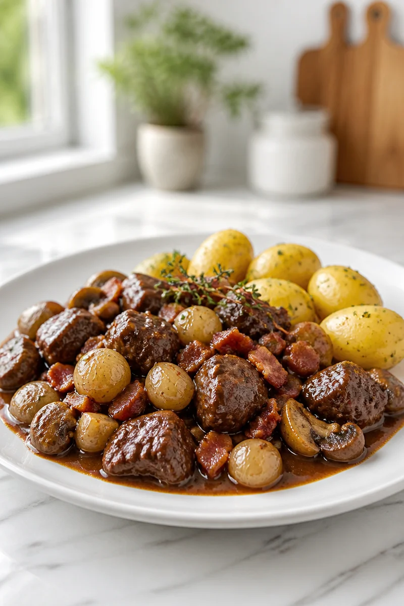 Boeuf bourguignon traditionnel mijoté doucement, plat français savoureux et réconfortant