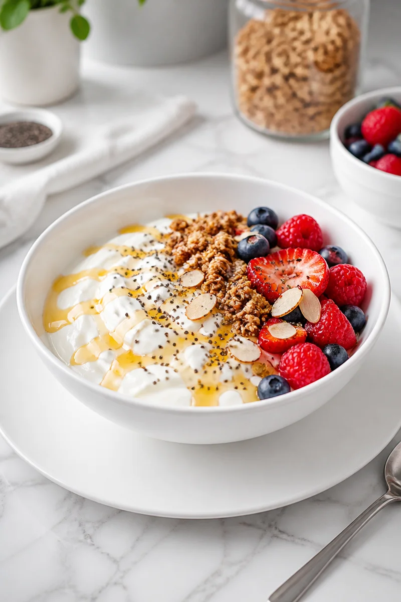 Bowl de petit-déjeuner avec yaourt grec et miel savoureux