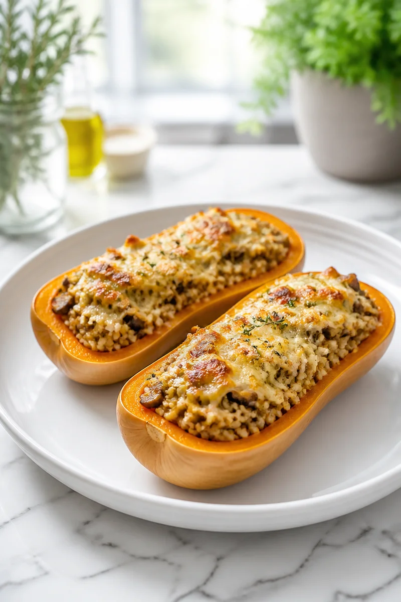 Butternut farcie au four gratinée, un plat savoureux et réconfortant.