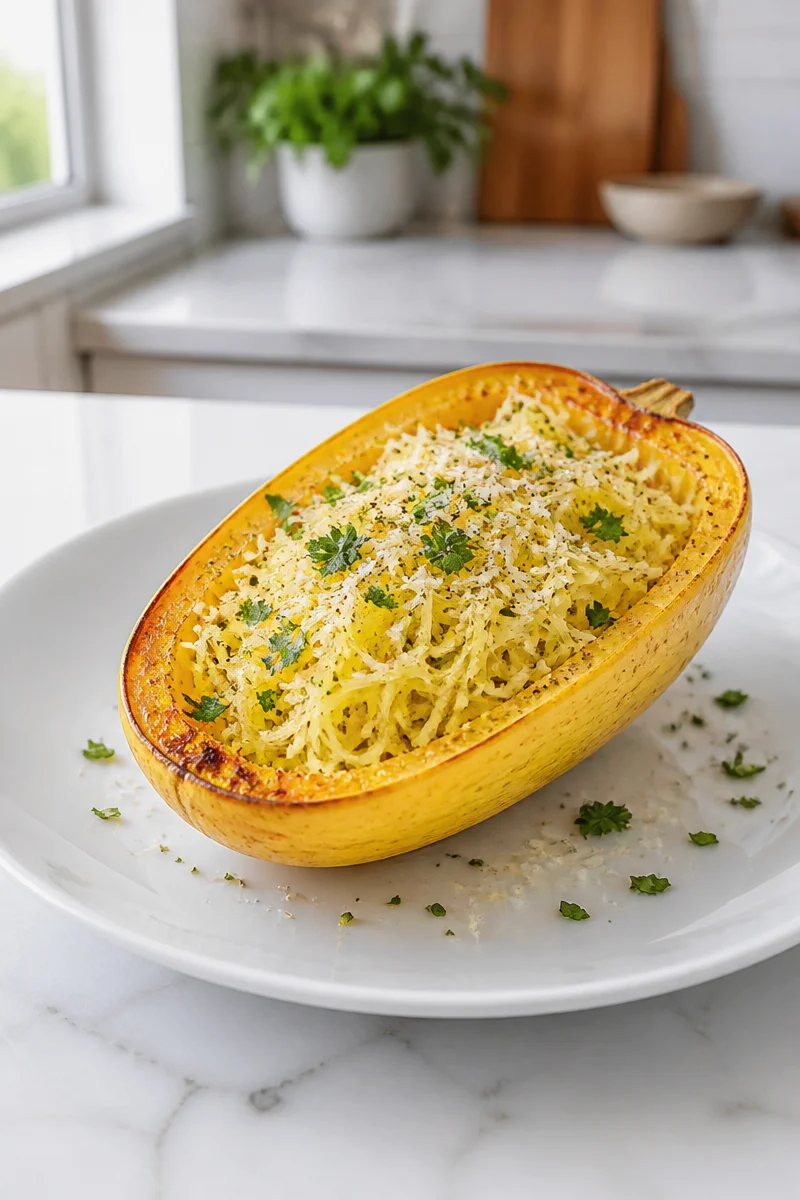 Courge spaghetti rôtie au four, plat savoureux et sain.