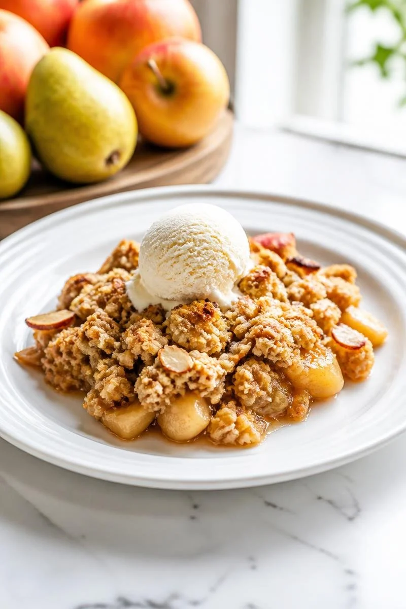 Crumble Pomme Poire Amande Croustillant sorti du four, prêt à être dégusté