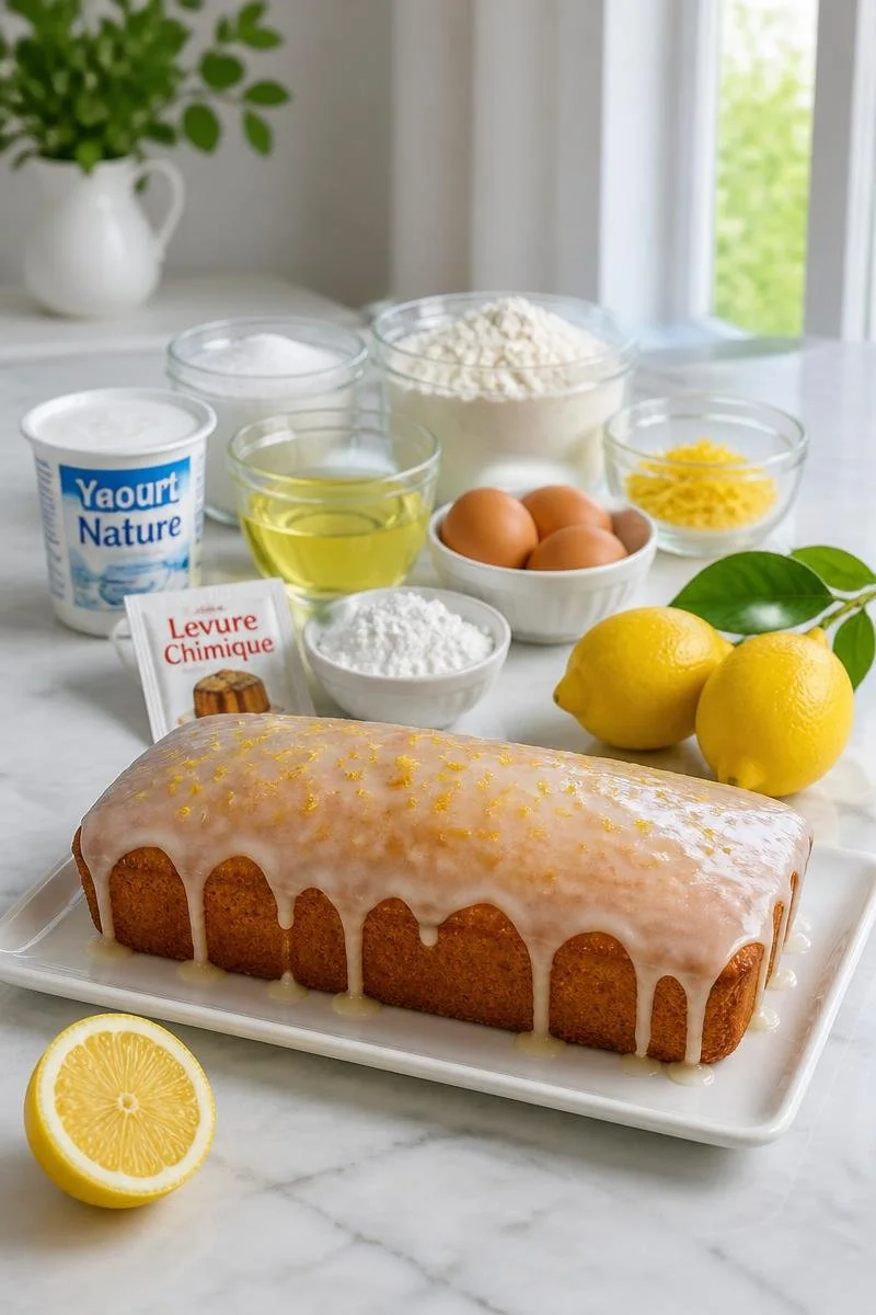 Gâteau Yaourt Citron avec glaçage simple sur une assiette