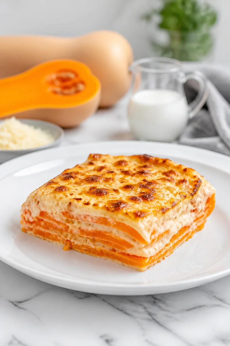Gratin de courge butternut doré et appétissant, idéal pour les repas d'automne.