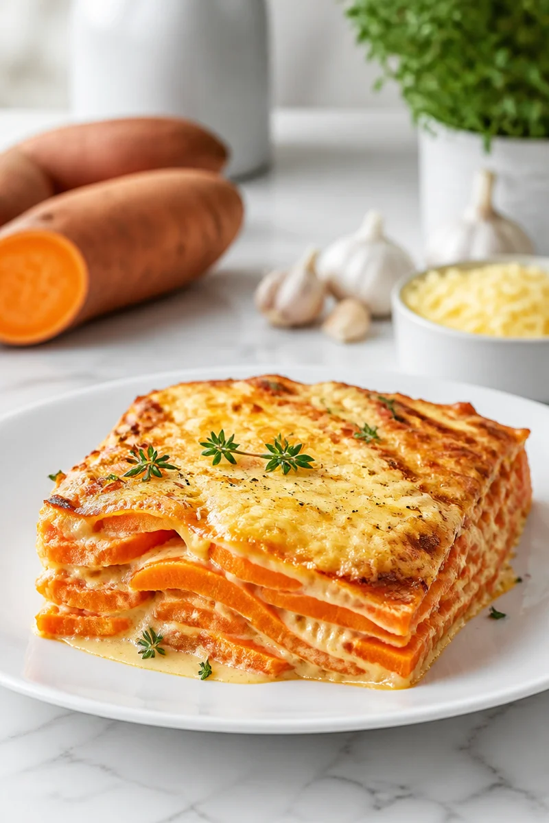 Gratin de patate douce fondant avec une texture crémeuse et dorée au four