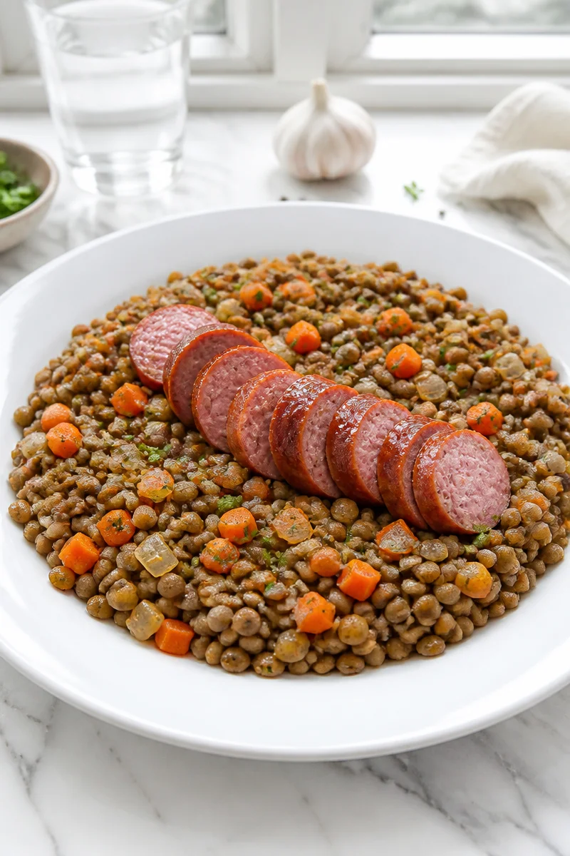 Recette de lentilles avec saucisses fumées mijotées maison