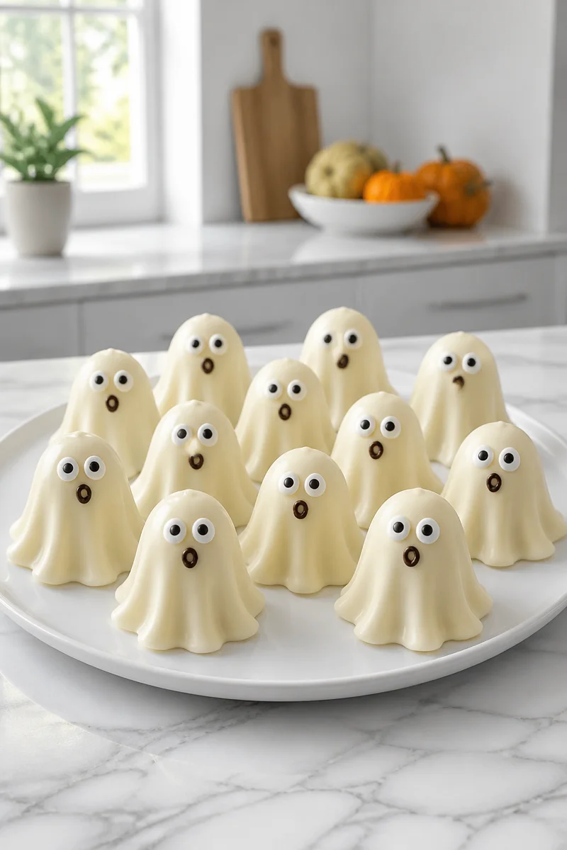 Mini gâteaux fantômes décorés pour Halloween, savoureux et festifs.