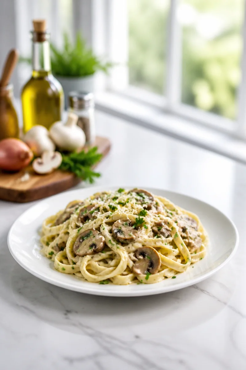 Recette rapide de pâtes crémeuses aux champignons pour un repas du soir.