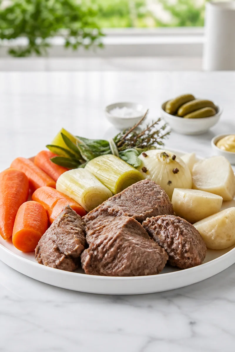 Pot-au-feu traditionnel mijoté à l'ancienne avec légumes et viande.
