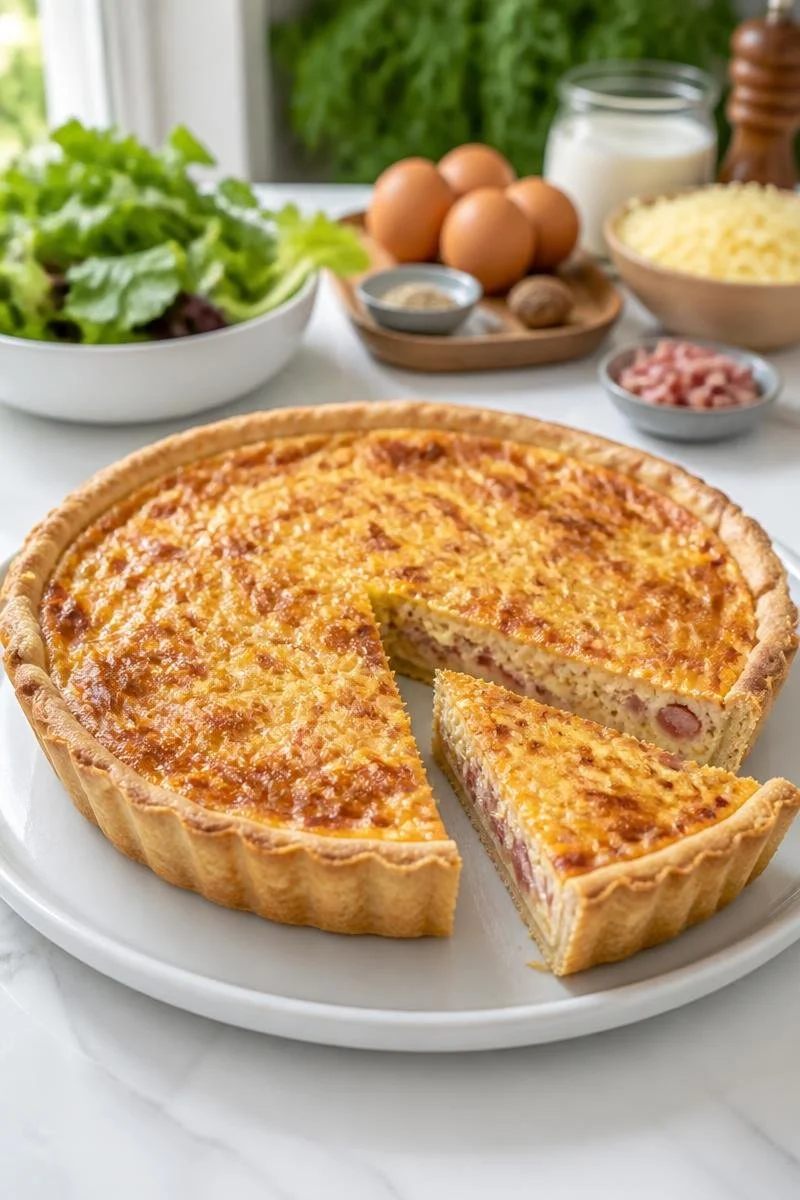 Quiche Lorraine traditionnelle au lardon et fromage, délicieuse et classique.
