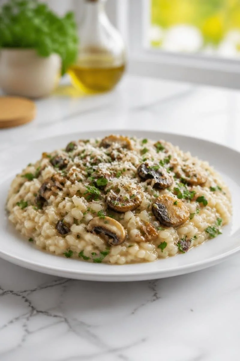 Risotto champignon parmesan crémeux automnal servi dans une assiette délicieuse.