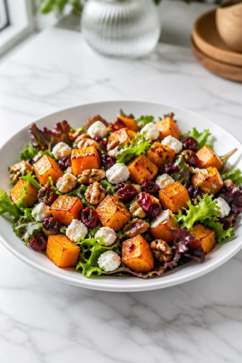 Salade automnale avec courge, canneberge et noix, idéale pour les repas de saison.
