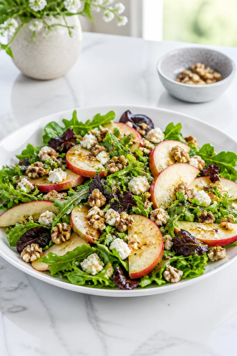 Salade automnale de pomme, noix et feta servie dans un bol