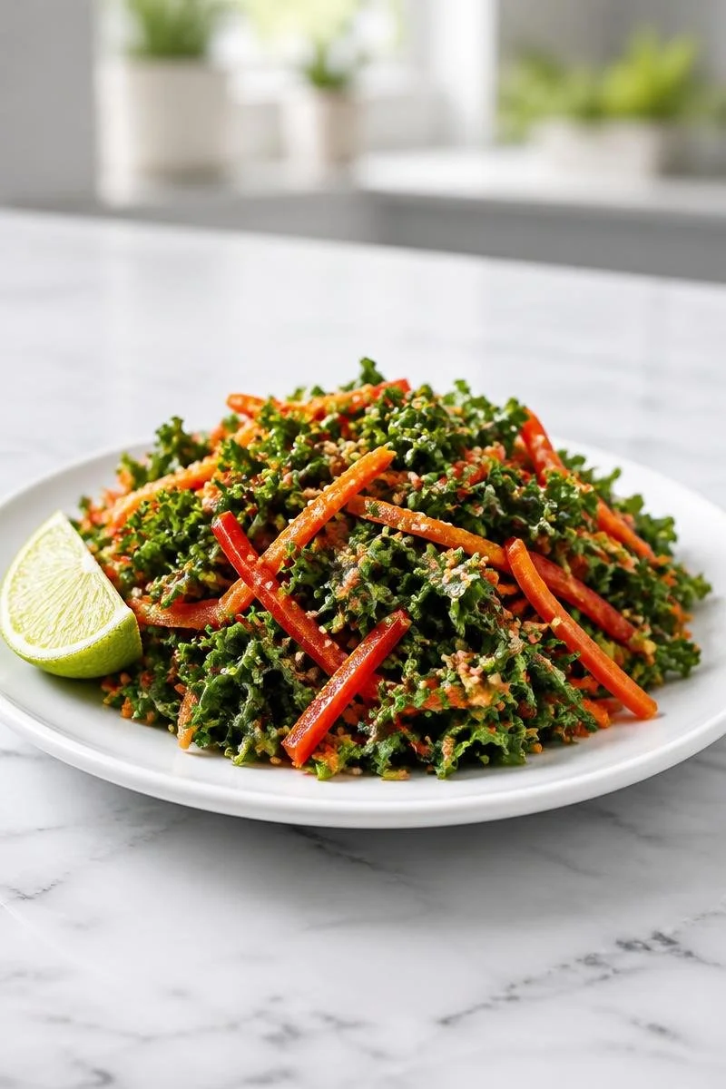 Recette de Salade Chou Frisé Asiatique Croquante avec légumes frais et croustillants.
