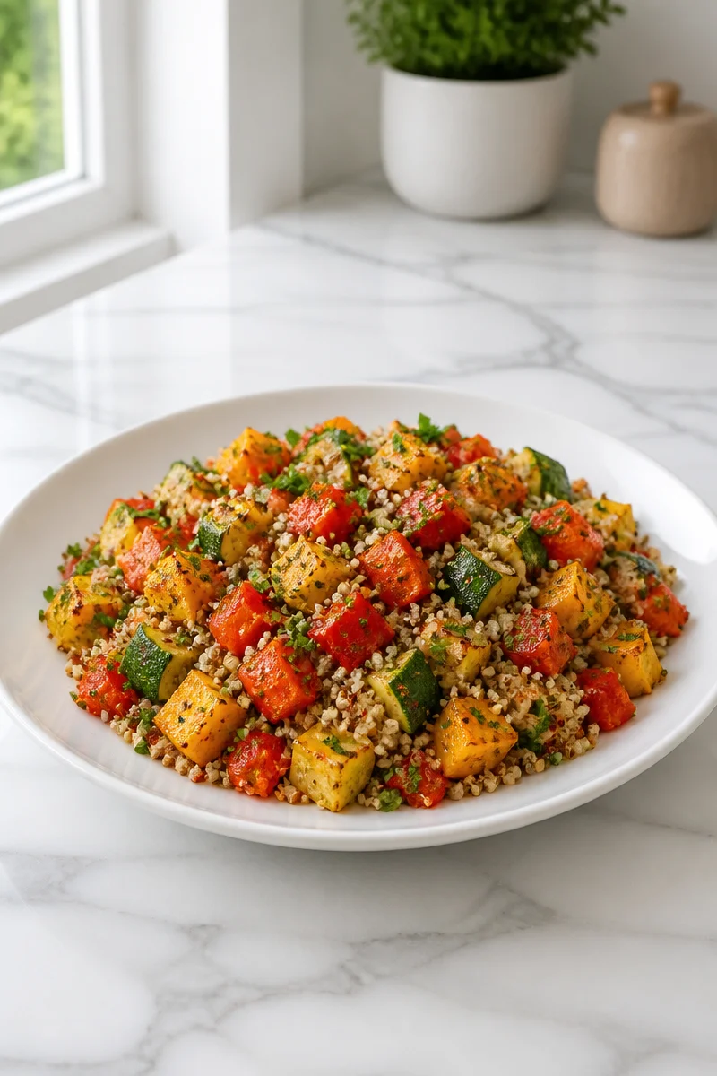 Salade Quinoa avec légumes rôtis, idéale pour un repas d'automne sain et délicieux.