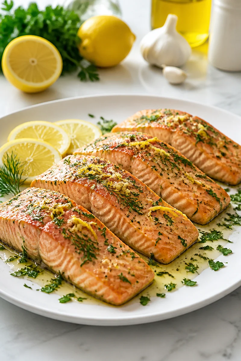 Saumon four au citron et herbes fraîches, plat savoureux et sain.