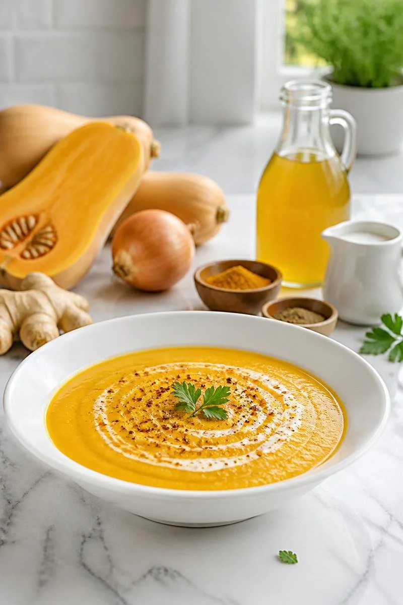 Soupe courge butternut gingembre épicée servie dans un bol