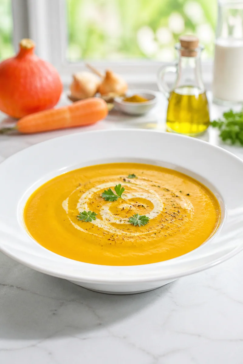 Soupe de potimarron épicée servie dans un bol