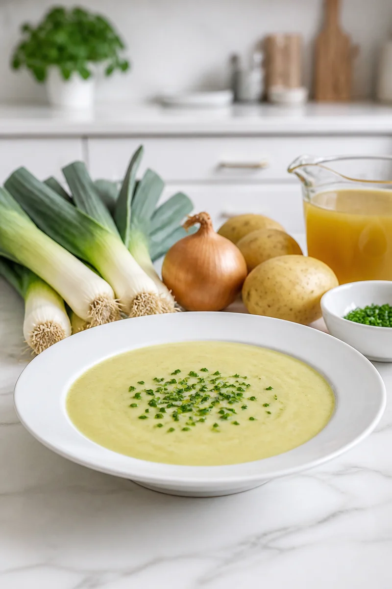 Soupe poireaux pomme de terre onctueuse servie dans un bol