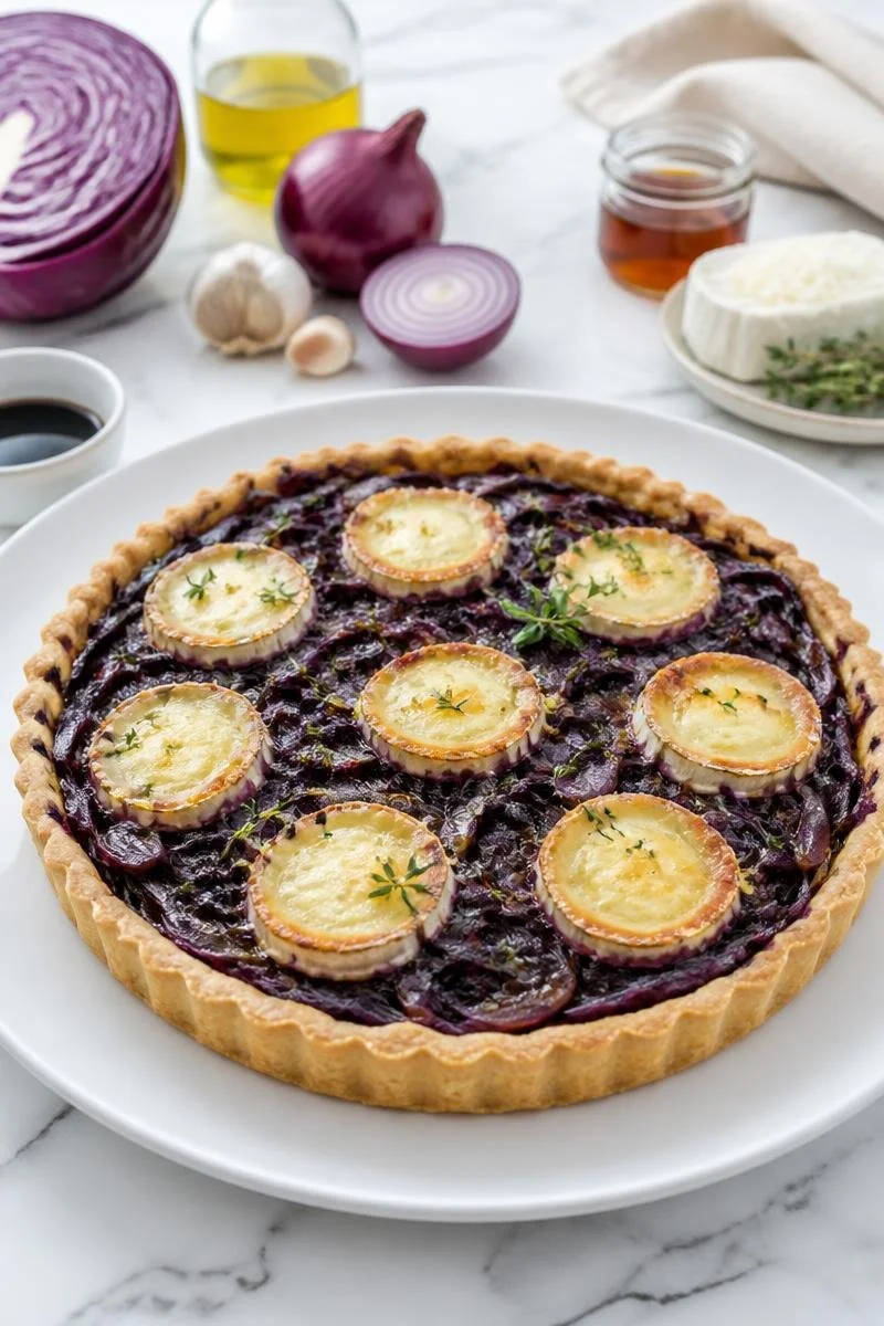 Tarte Chou Rouge Confit Chèvre Élégante garnie de fromage et d'ingrédients frais.