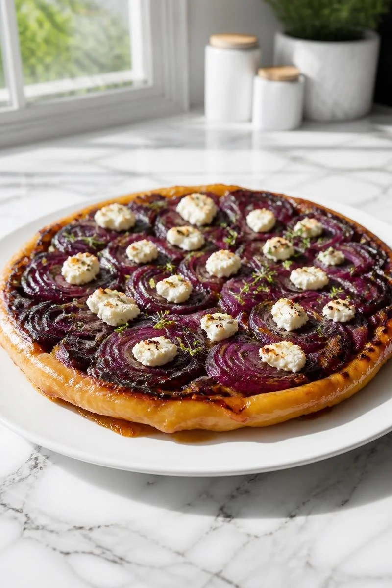 Tarte Tatin Oignon Rouge Chèvre Miel - Un dessert salé élégant et savoureux.