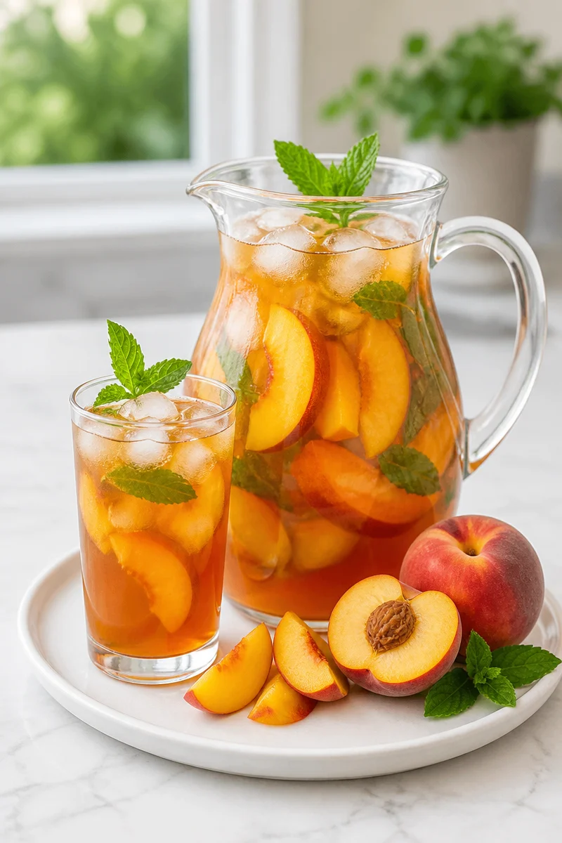 Préparation de thé glacé pêche maison dans un verre transparent
