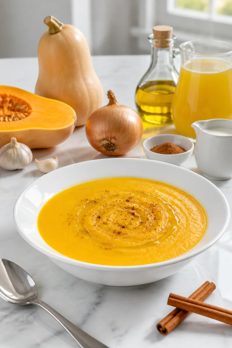Velouté de butternut à la cannelle servi dans un bol