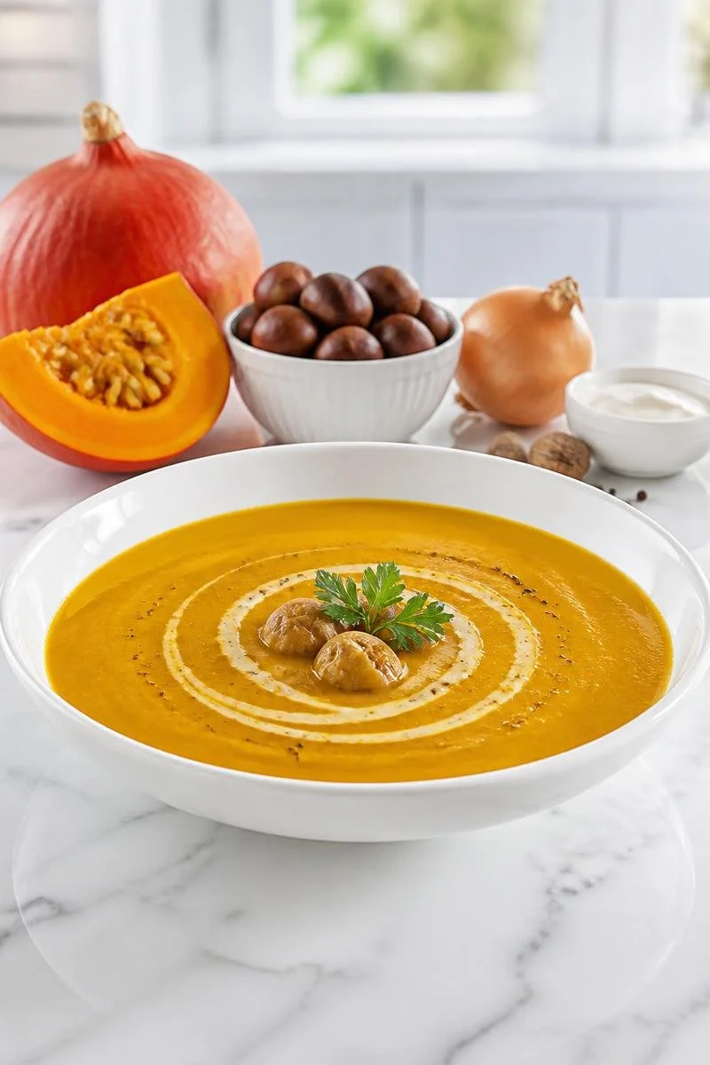 Velouté Potimarron Châtaigne garni de crème fraîche dans un bol.